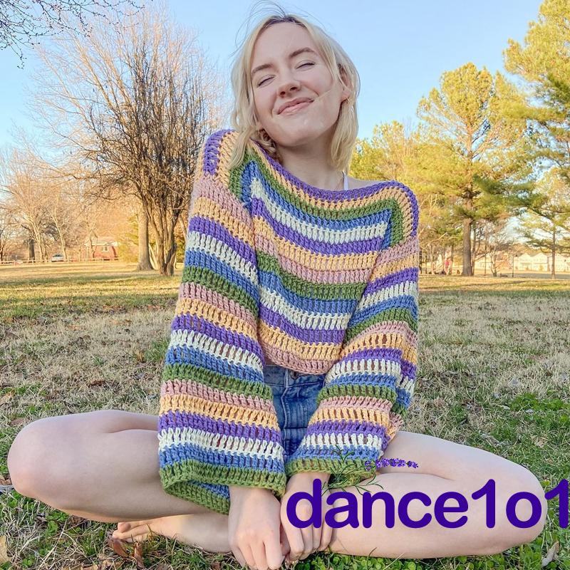 Áo Sweater Dệt Kim Dài Tay Sọc Ngang Nhiều Màu Sắc Kiểu Vintage Y2K dance1o1