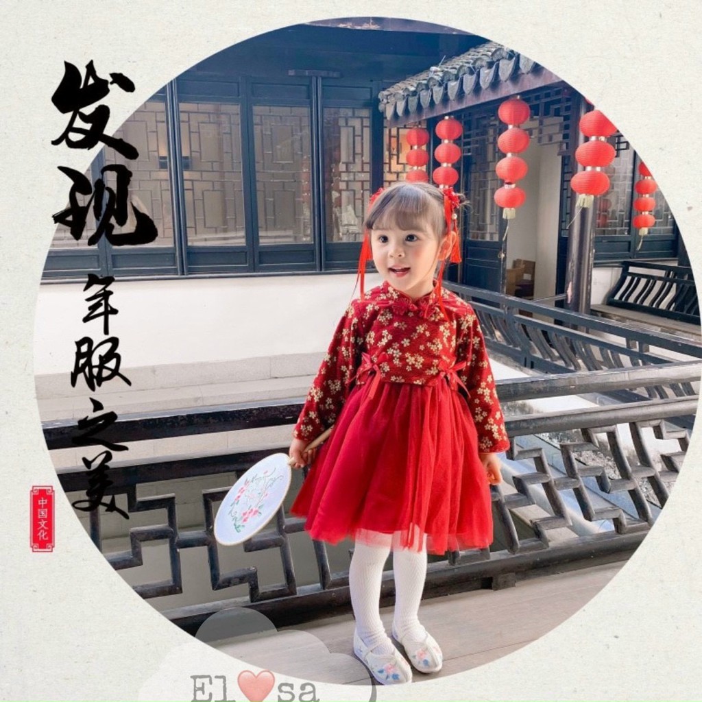 SET VÁY CÔNG CHÚA PHỐI GẤM ĐỎ CỔ TÀU CHO BÉ GÁI -AT8500