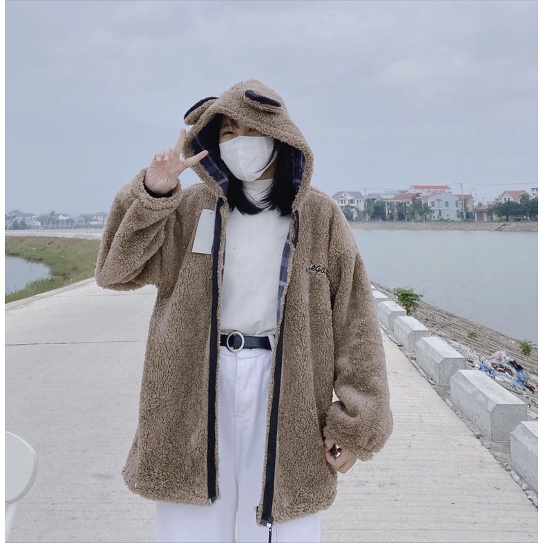 Áo khoác lông cừu tai gấu thêu mặt cười unisex (annstore) | BigBuy360 - bigbuy360.vn