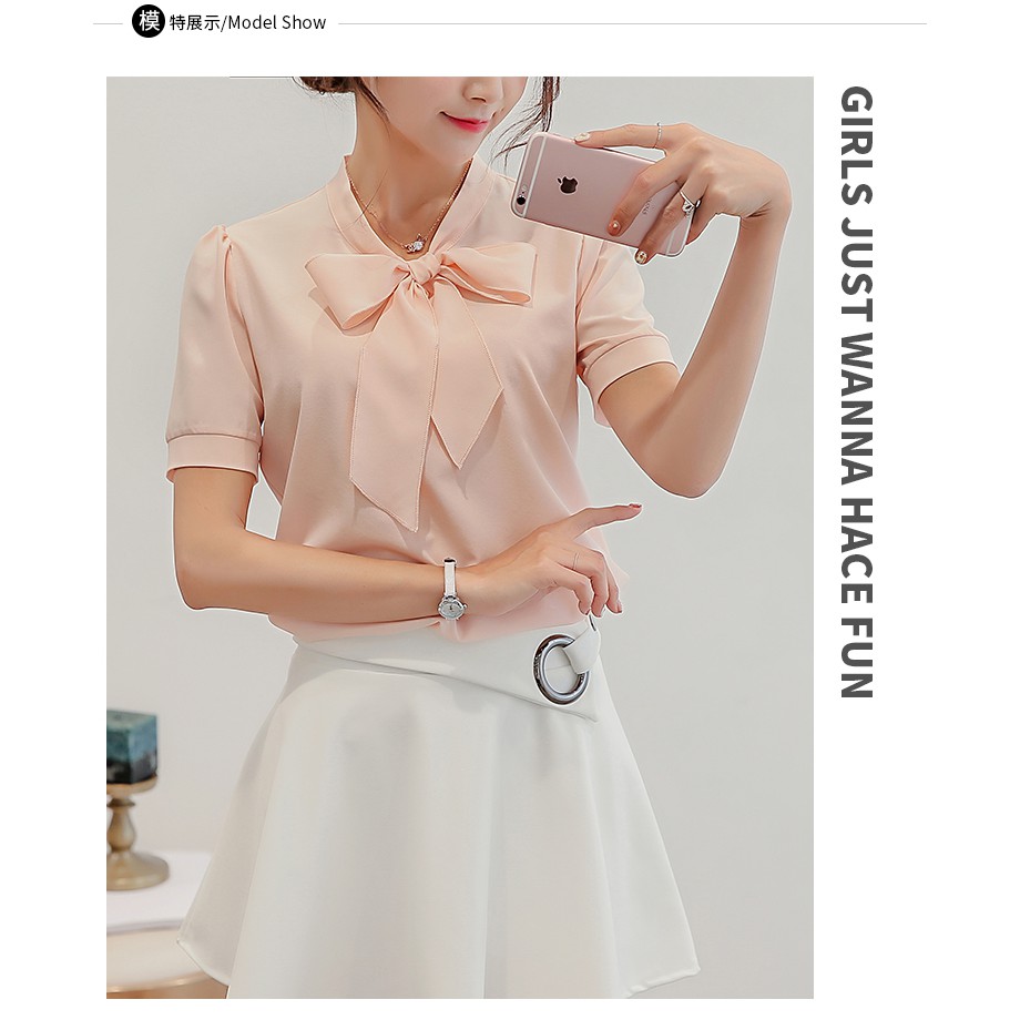 Áo sơ mi ngắn tay cổ nơ