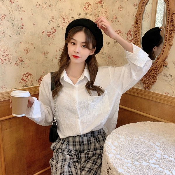 SUXI Áo Sơ Mi Tay Dài Dáng Rộng Màu Sắc Đơn Giản Dễ Phối Đồ