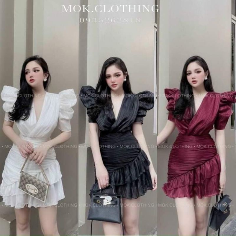 Đầm cổ tim tay phồng đắp chéo.