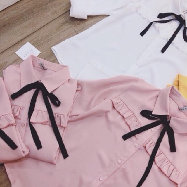 Áo Sơ mi nữ nơ viền bèo + Hình thật