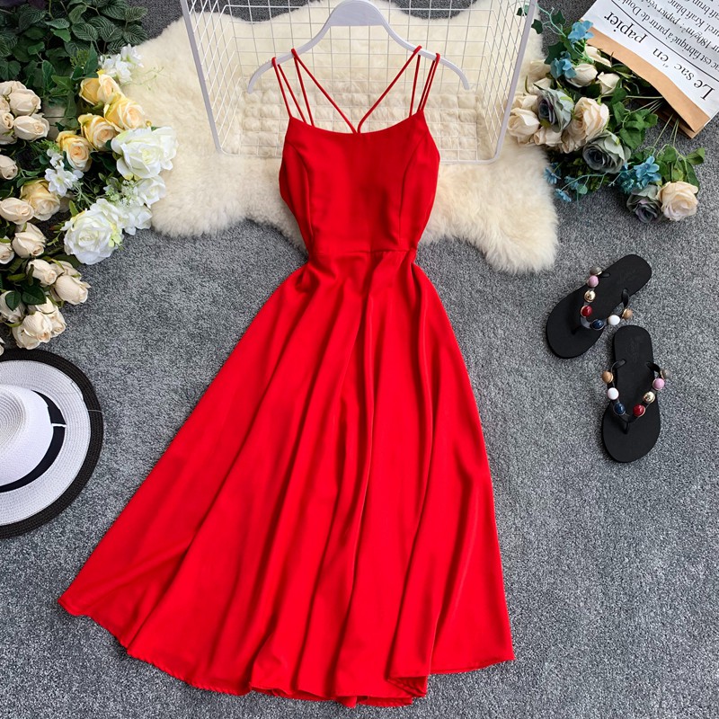 (sẵn đỏ S) Váy đầm maxi hở lưng 2 dây đan chéo dây ngực màu xanh, đen, trắng, vàng, đỏ siêu xinh | BigBuy360 - bigbuy360.vn