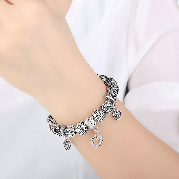 Vòng tay Bamoer PA1431 xỏ hạt thủy tinh và hạt màu đen thời trang cho nữ