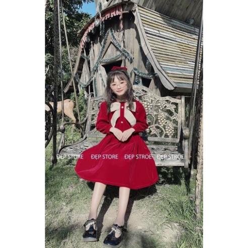 ঔৣ Váy đôi mẹ con nhung đỏ xếp li xoè nơ ngực ঔৣ