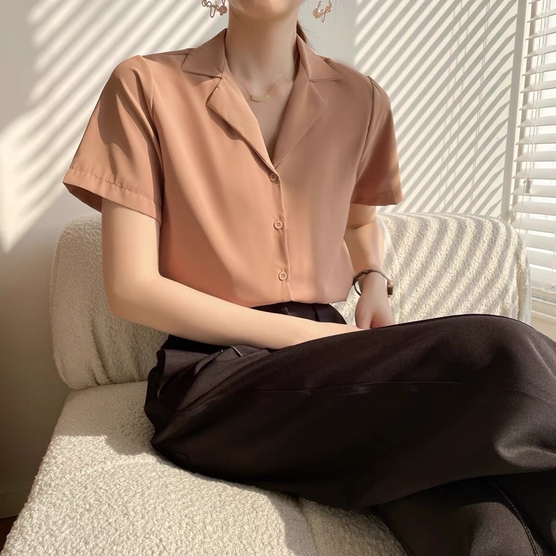 Áo sơ mi nữ tay ngắn đẹp form rộng cổ vest kiểu công sở Hàn Quốc khoác ngoài giấu quần 4YOUNG SMLV51