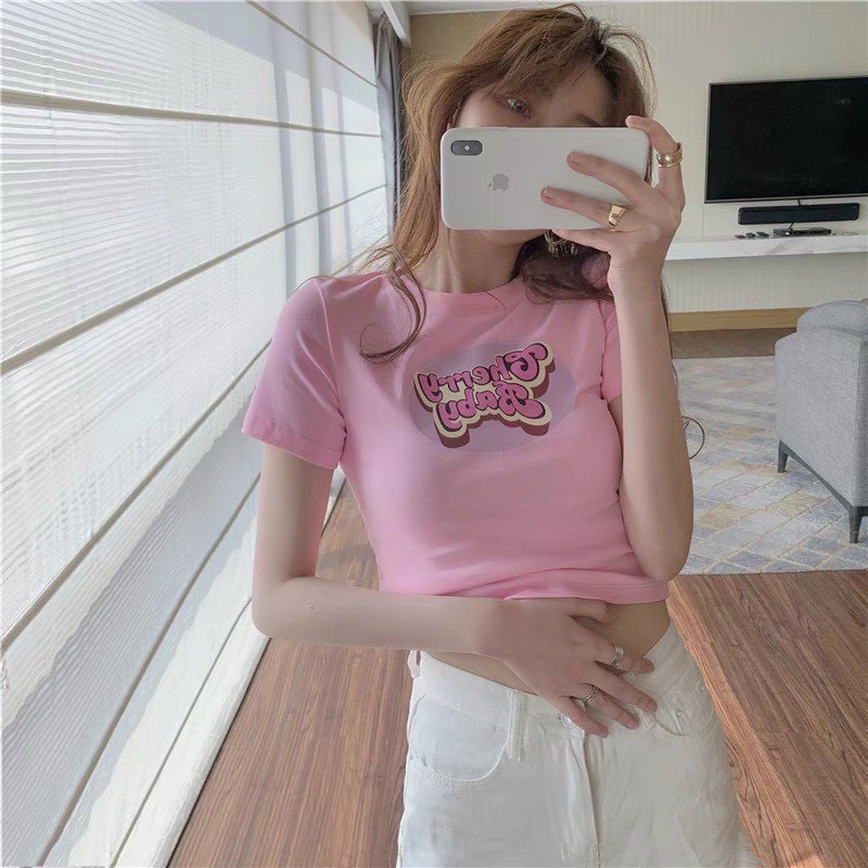 Áo thun in chữ cherybaby tay ngắn cổ tròn dáng croptop xinh nu