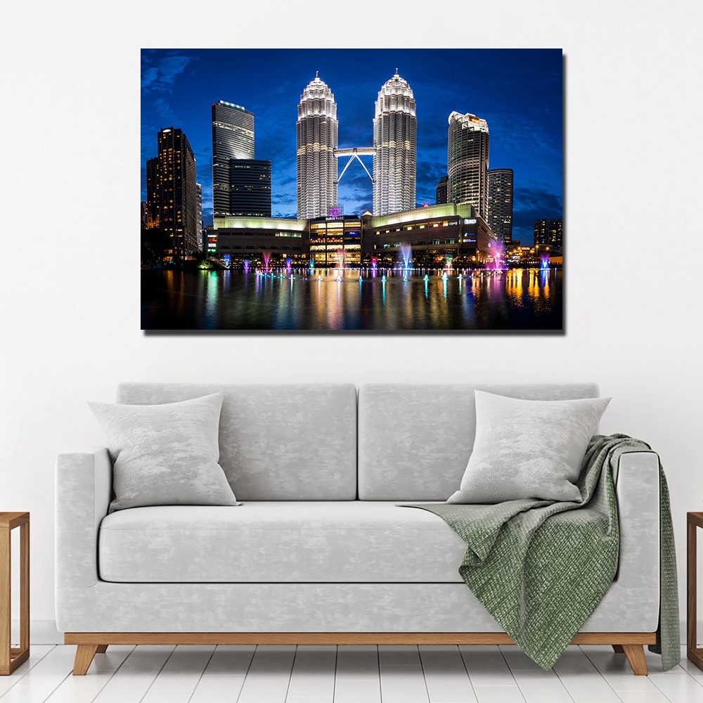 Tranh Vải Bạt Treo Tường In Hình Tòa Tháp Đôi Petronas Malaysia Không Khung Trang Trí Nhà Cửa Hiện