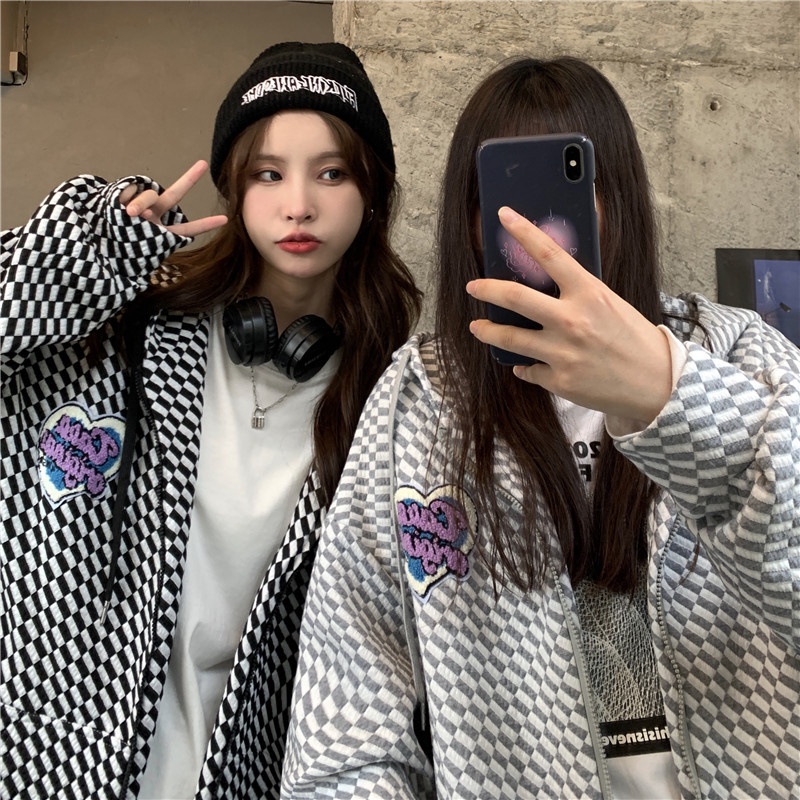 Áo khoác Hoodie họa tiết CARO khóa kéo form rộng chất len siêu dầy_VIETCEN