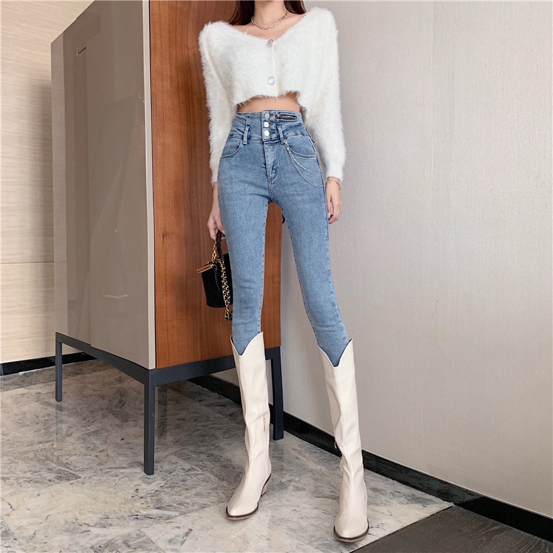 Quần Jeans Mỏng Phối Khóa Kéo Và Dây Xích Thời Trang Mùa Thu Cá Tính