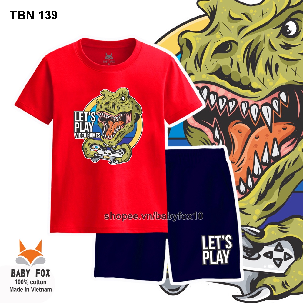 Bộ thun bé trai 100% cotton loại tốt, thương hiệu BABY FOX, hình khủng long T-rex, size nhỏ, trung, đại b