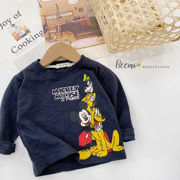 Áo phông dài tay bé trai Beemo hình mickey Áo thun cho bé trai cotton trắng đen xám 1 đến 6 tuổi - ATBB
