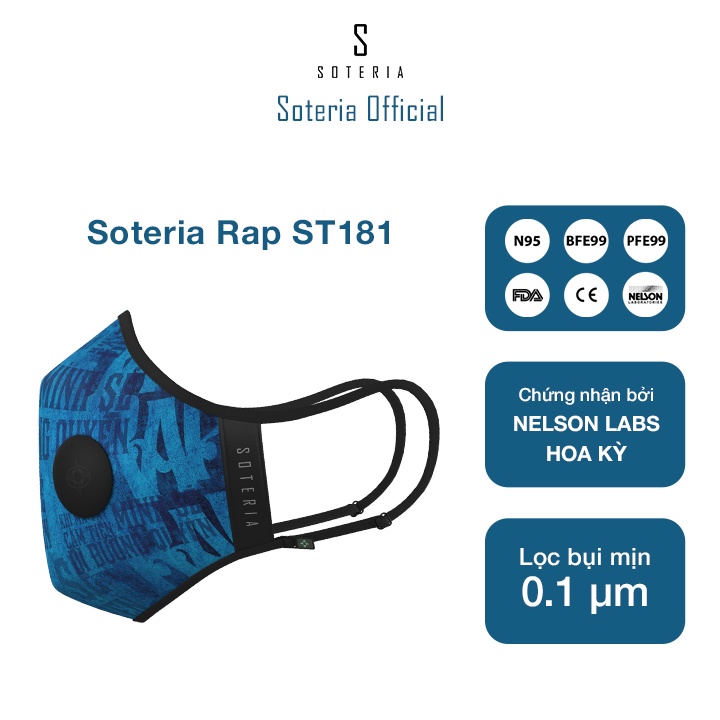 Khẩu trang tiêu chuẩn Quốc Tế SOTERIA Rap ST181 - Bộ lọc N95 BFE PFE 99 lọc đến 99% bụi mịn 0.1 micro- Size S,M,L