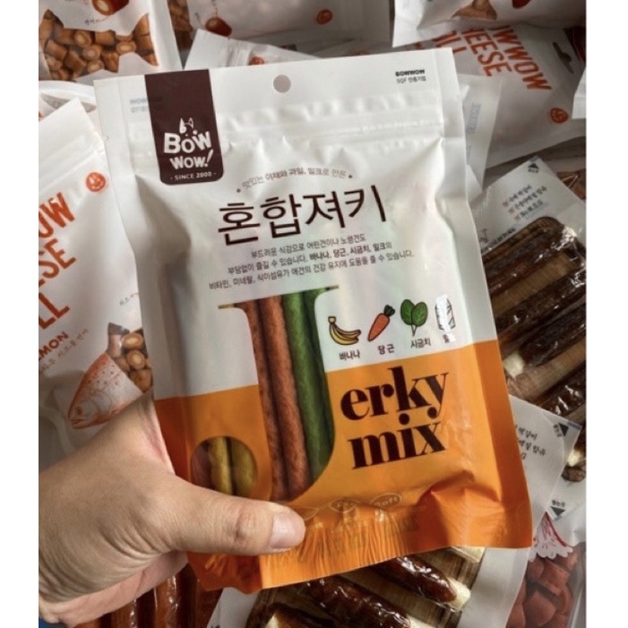 Bánh Thưởng BowWow Jerky Mix Cho Chó Mèo - Que Thịt &amp; Rau Củ Hỗn Hợp (Nhập khẩu Hàn Quốc)