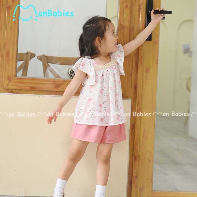 Quần áo bé gái 1-6 tuổi chất đũi tằm họa tiết voi con MonBabies VL74 - Bộ cộc tay bé gái thời trang cao cấp chính hãng