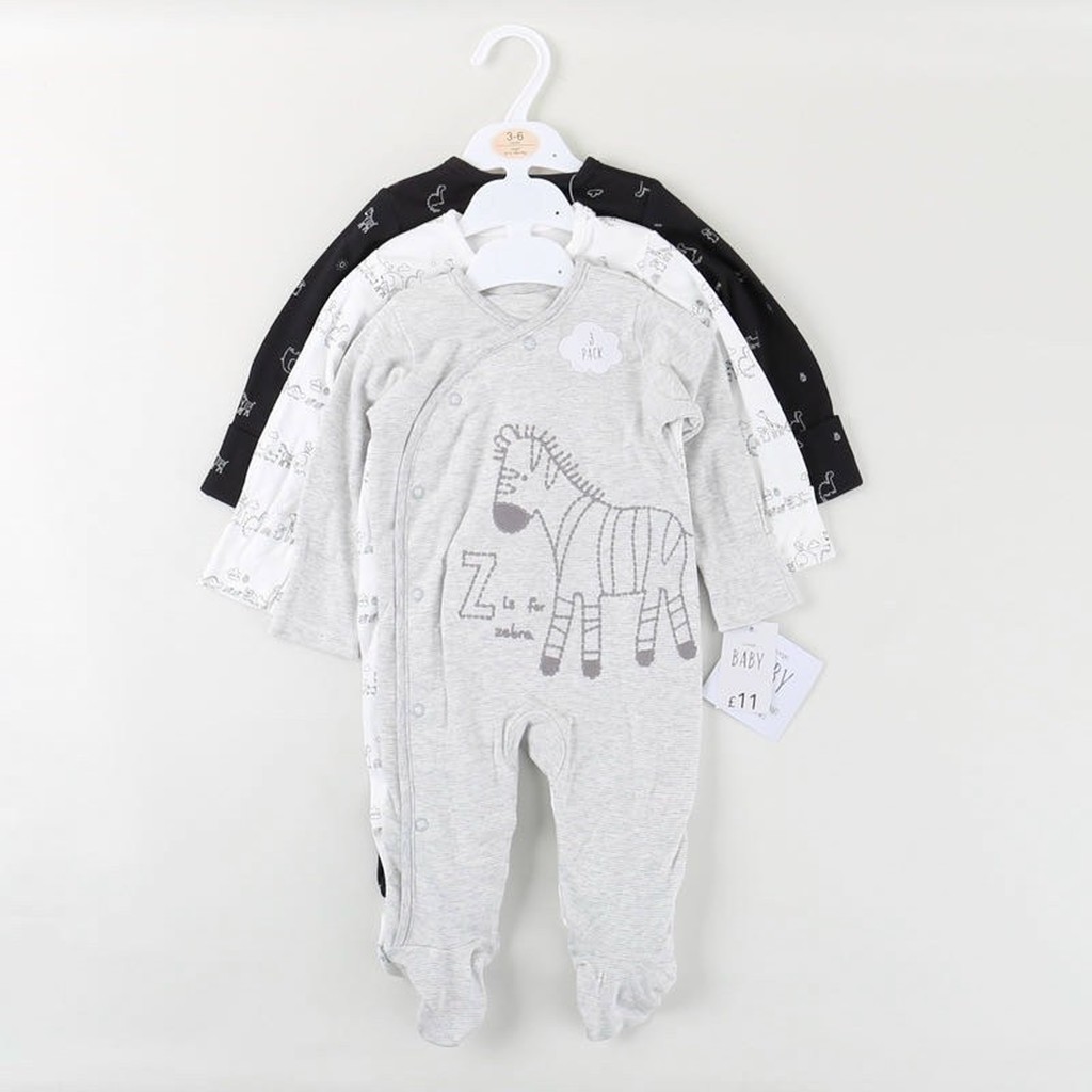 Set 3 bodysuit liển tất Sleepsuits họa tiết ngựa vằn 2 size cho bé 0-3m và 3-6m