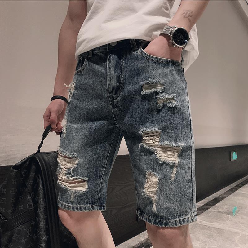 [Spot Fast Hair] Quần jean nam thời trang cá tính mùa hè xé toạc quần short denim năm điểm Phiên bản hàn quốc quần tất l