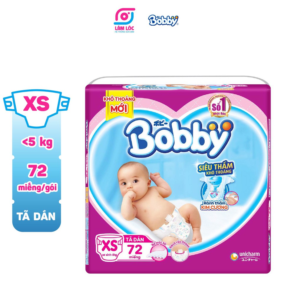 Bỉm dán Bobby, tã dán Bobby size NB1(64M),NB2(60M),XS42,S88,M48,L68,XL62 (2 bịch tặng 1 khăn ướt,3 bịch tặng 2 khăn ướt)