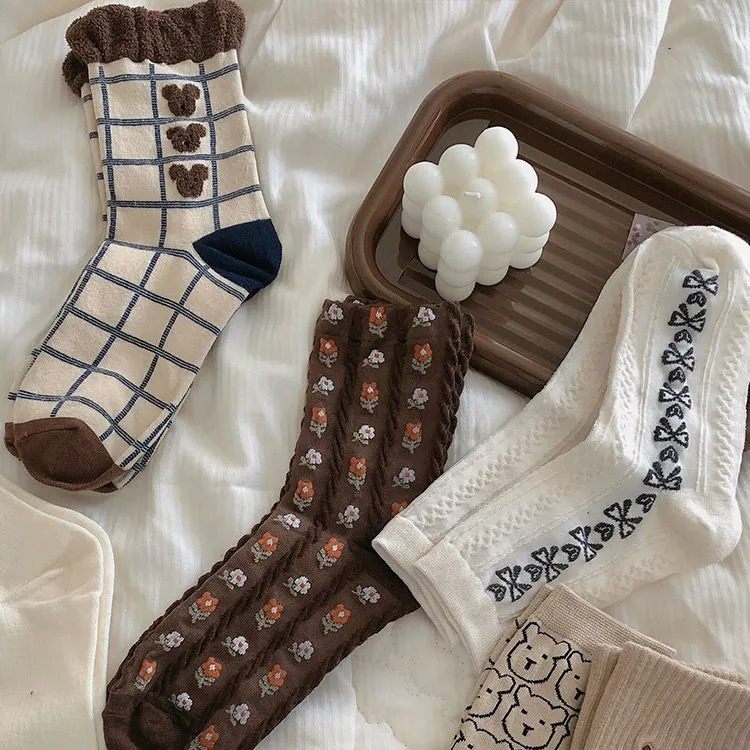 Tất cổ cao vải cotton thêu nhiều họa tiết tùy chọn phong cách Hàn Quốc