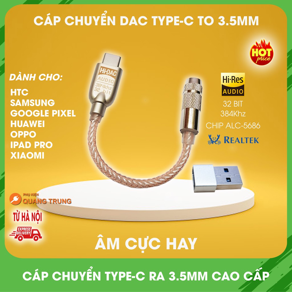 Cáp chuyển typeC sang 3.5mm có DAC cao cấp,32bit,Realtek hires