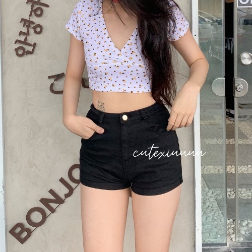 [SET 2 MÓN] Set áo croptop hoa nhí cổ tim chữ V + quần jeans thời trang nữ ulzzang năng động sexy mùa hè đi chơi basic