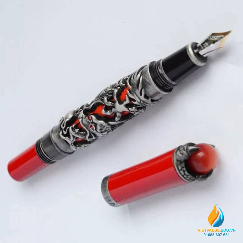 Bút ký Jinhao, rồng ôm thân bút, nắp cài ngọc sáng, màu xám nắp đỏ, mã Jinhao 024