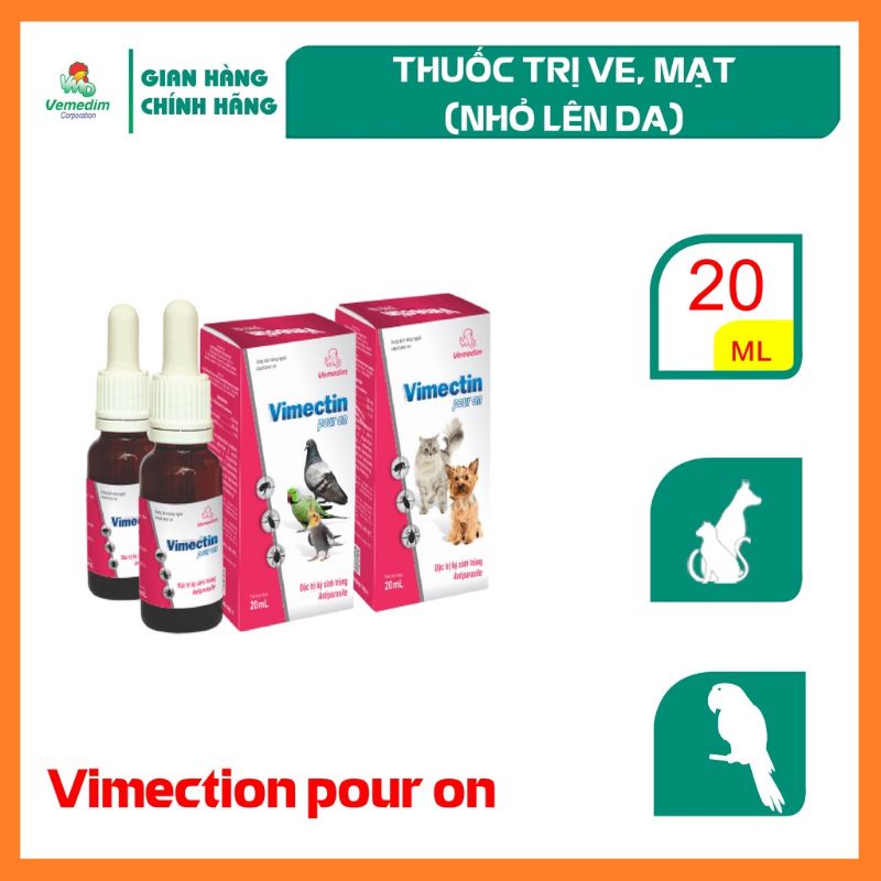 Vemedim Vimectin pour on, trị ve, bọ chét cho chó, mèo, chim cảnh, gia cầm, chai 20ml
