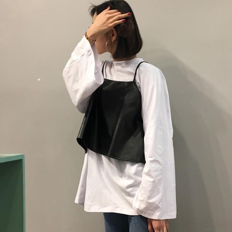 Set 2 món gồm áo kiểu tay ống rộng màu trắng + áo 2 dây màu đen bằng da pu cho nữ