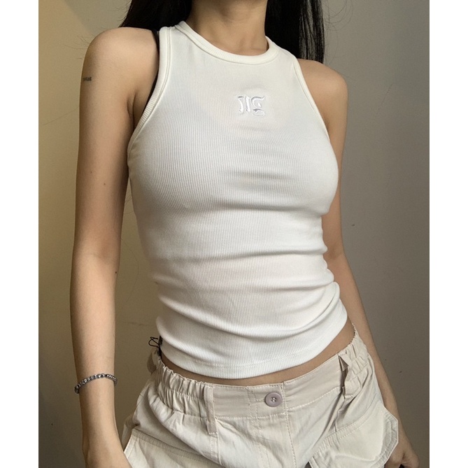 Áo Tank Top Dáng Dài Thêu M tiemmem - Trắng , Đen