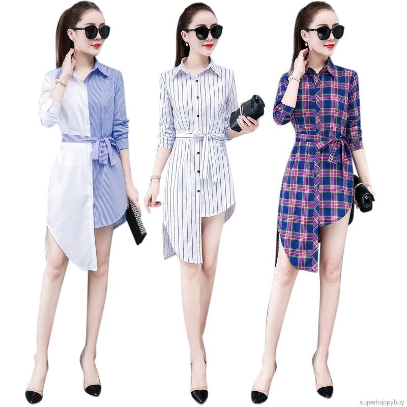 Đầm sơ mi dài tay kẻ sọc/màu trơn thiết kế thắt nơ eo thời trang nữ