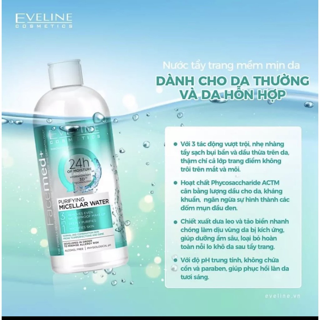 Nước tẩy trang dành cho da thường, da dầu, hỗn hợp EVELINE - 400ml không chứa Paraben, không cồn