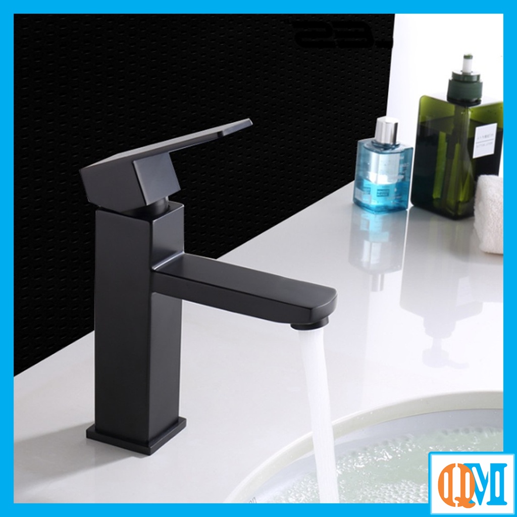 (Hàng mới về) Vòi Lavabo, vòi bồn rửa mặt nóng lạnh thân vuông inox 304 màu đen sang trọng cao 20cm - QM.VR023