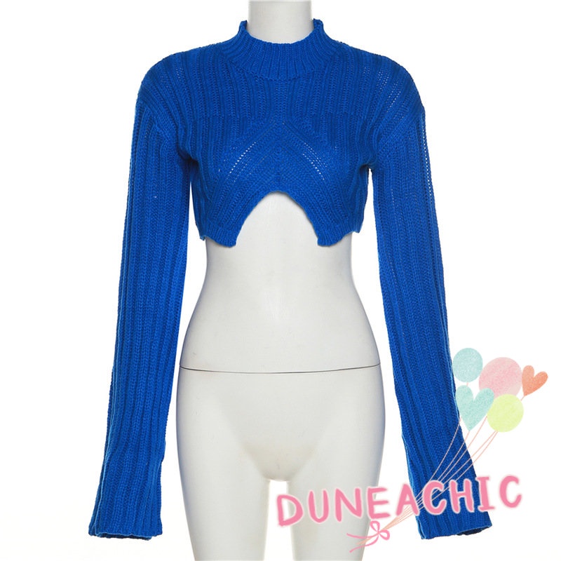 DUNEA Áo Sweater Dệt Kim Tay Loe Cổ Tròn Thiết Kế Quyến Rũ Cho Nữ
