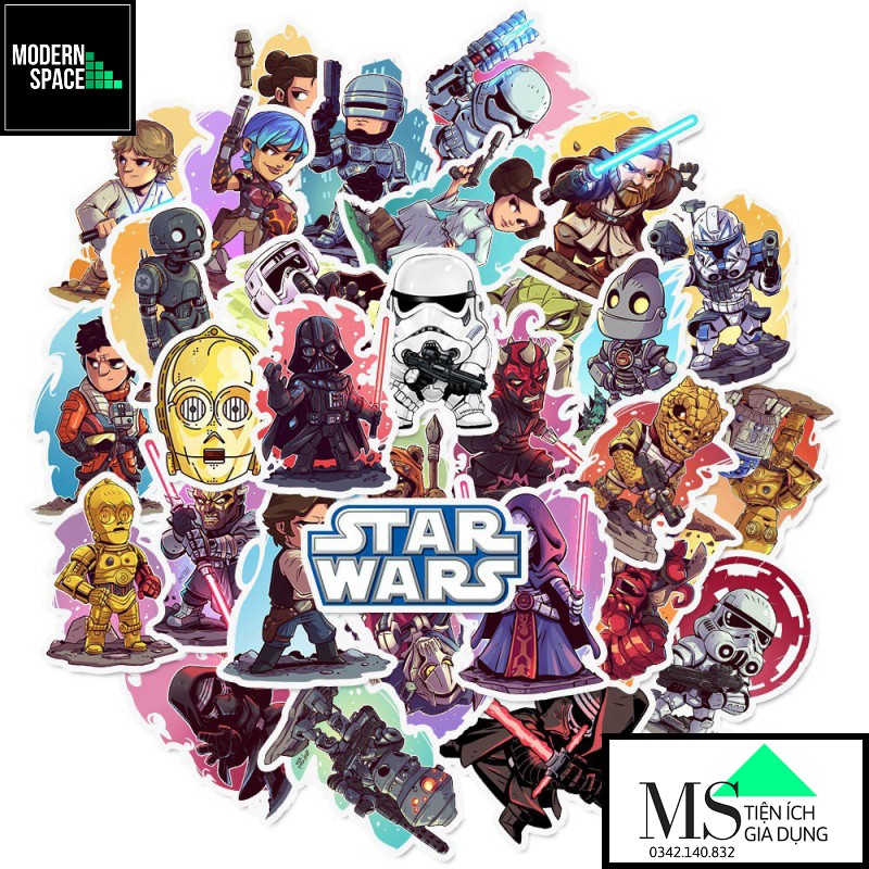 Sticker PVC Hoạt Hình Star War Chiến tranh giữa các vì sao ST-085 - Cả bộ 50 Hình dán Chống nước