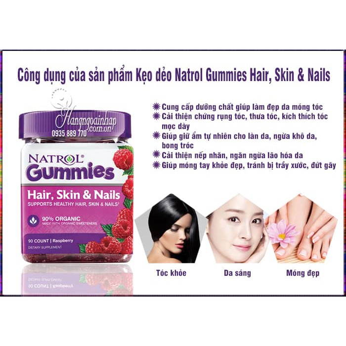 Kẹo dẻo Natrol Gummies Hair, Skin & Nails 90 viên - Kẹo dẻo làm đẹp da móng tóc của Mỹ