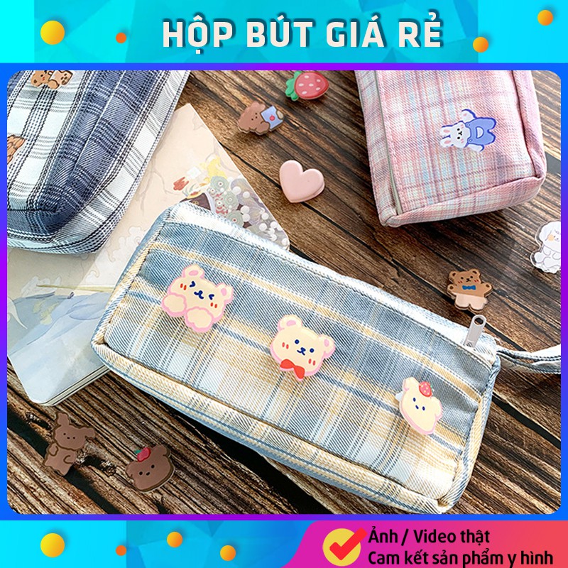 Hộp Bút Vải Canvas Cute Caro Họa Tiết Ins Dành Cho Nữ - Túi Đựng Bút Bóp Viết Canvas Đa Năng 2 Ngăn Cỡ To AMKO HBV04
