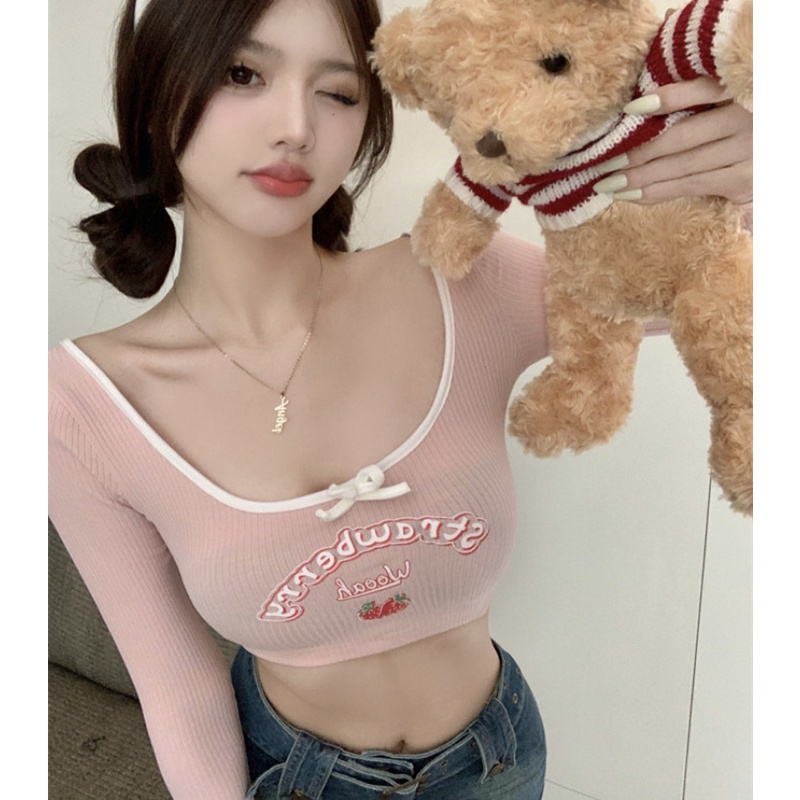 Áo Thun Cổ Chữ U Họa Tiết Dâu Tây Thời Trang Mùa Thu Cho Nữ