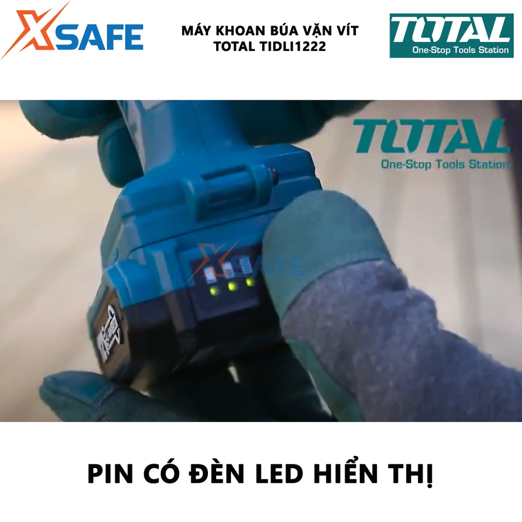 Máy khoan cầm tay Total TIDLI1222 máy khoan búa dùng pin đầu khoan khóa tự động, nhông cơ khí 2 tốc độ, kèm 2 pin 1 sạc