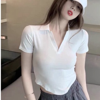Áo croptop cổ polo vạt bầu, áo croptop cổ polo unisex dáng ôm cotton