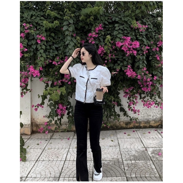 Áo Sơ Mi Xốp Cúc Ngọc Tay Phồng 2 Màu Đen trắng, Áo Xốp Phồng Cao Cấp