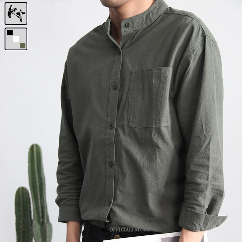 Áo sơ mi KT cotton lanh cổ tròn tay lửng dáng rộng thời trang mùa hè cho nam giới size M-3XL