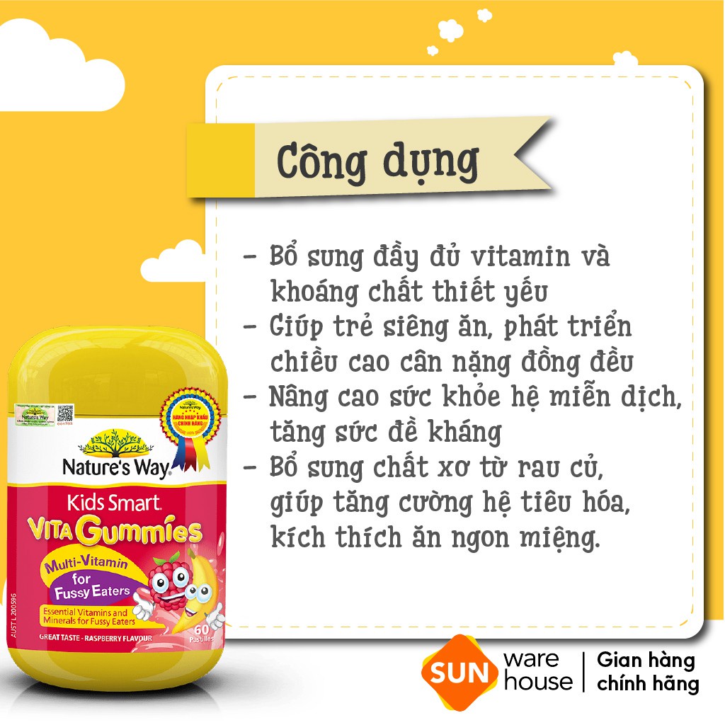 Combo 2 Kẹo Dẻo Cho Bé Nature's Way Kids Smart Vita Gummies Calcium + Vitamin D Và Multi Vitamin for Fussy Eaters