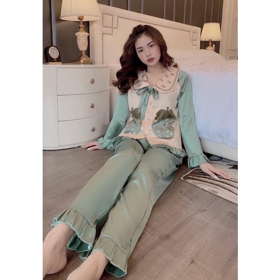 Bộ Ngủ Pijama Lụa Satin Dâu Dài Tay | BigBuy360 - bigbuy360.vn