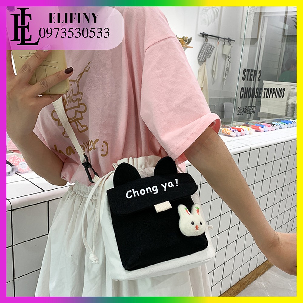 Túi Đeo Chéo Vải Canvas Rút Miệng Chong Ya Thời Trang Phong Cách Nhật Bản Siêu Dễ Thương Tặng Kèm Sticker Xinh Xắn