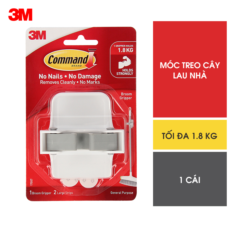 Móc dán tường treo chổi, cây lau nhà Command 3M chịu lực 1.8kg -tháo cực dễ 17007