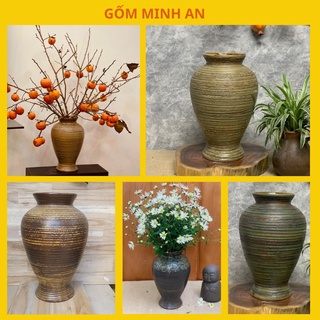 Bình hoa lọ hoa dáng đùi dế men mộc gốm sứ minh an bát tràng cao 34cm