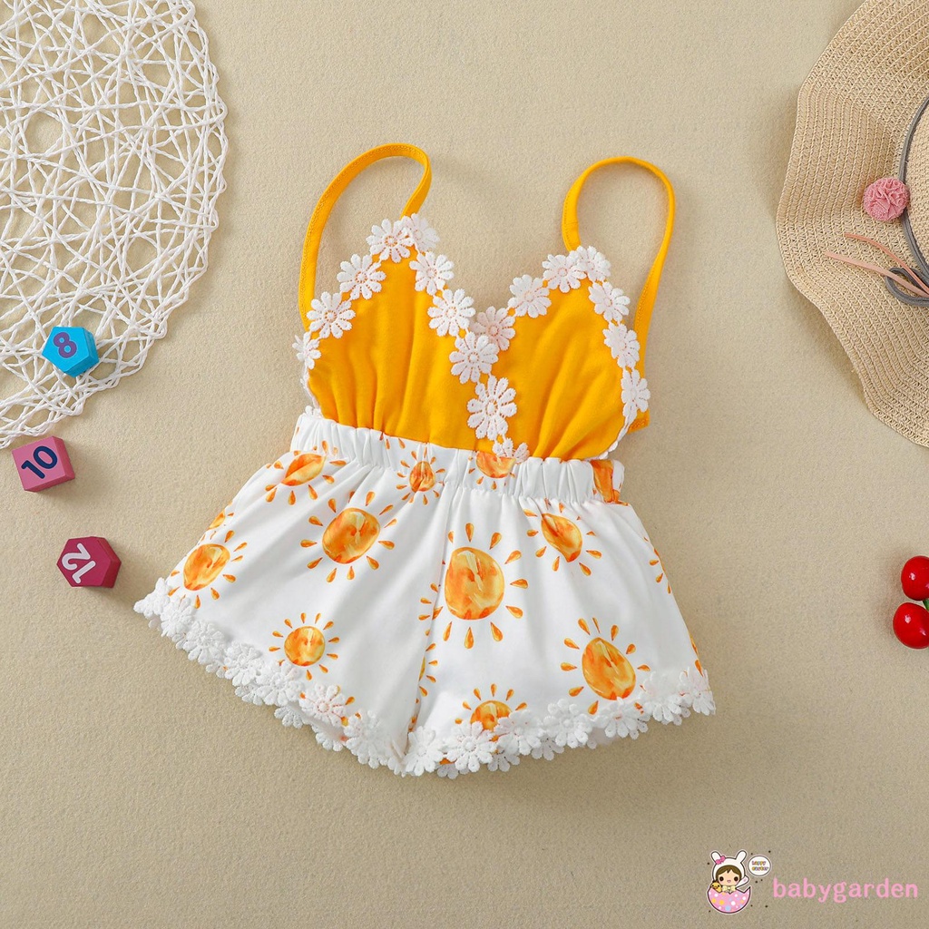 Áo liền quần không tay cổ chữ V in hình hoa hướng dương cho bé gái