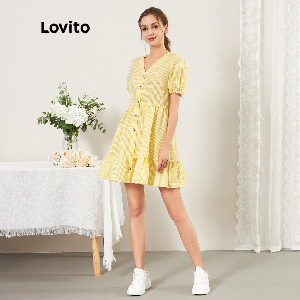 Đầm Lovito thẳng suông gài nút phía trước màu trơn thường ngày L25ED030