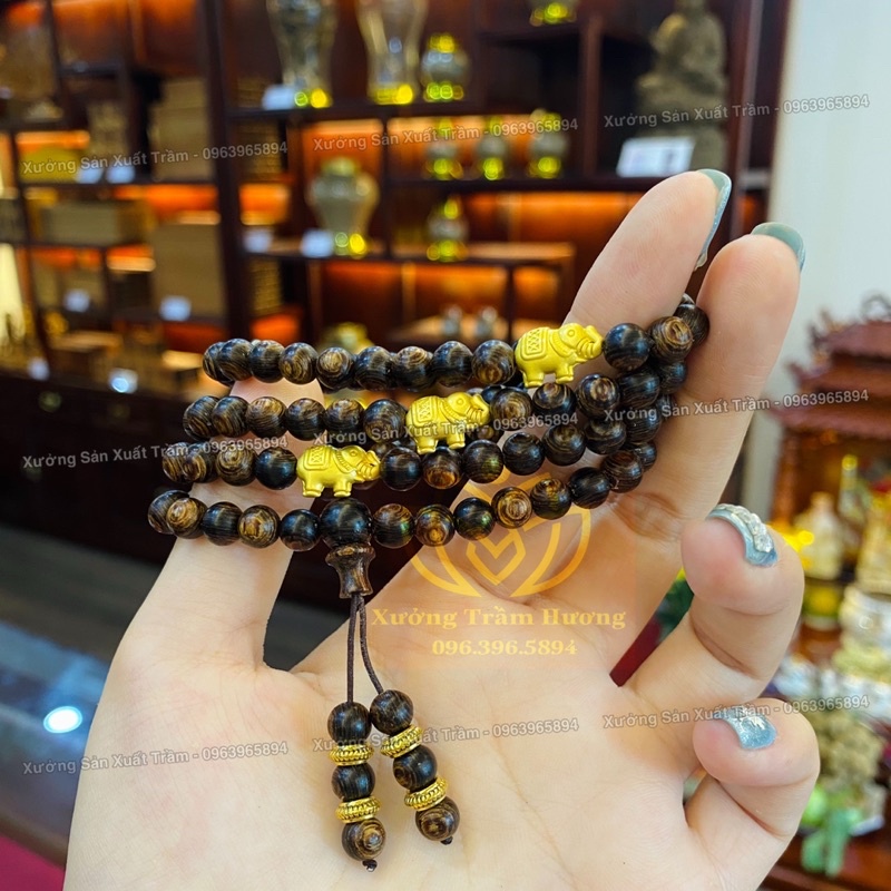Chuỗi Trầm Sánh Chìm 108 hạt mix Con Voi vàng - Vòng Tay Gỗ Trầm Hương tự nhiên Nam Nữ - Dây Tràng